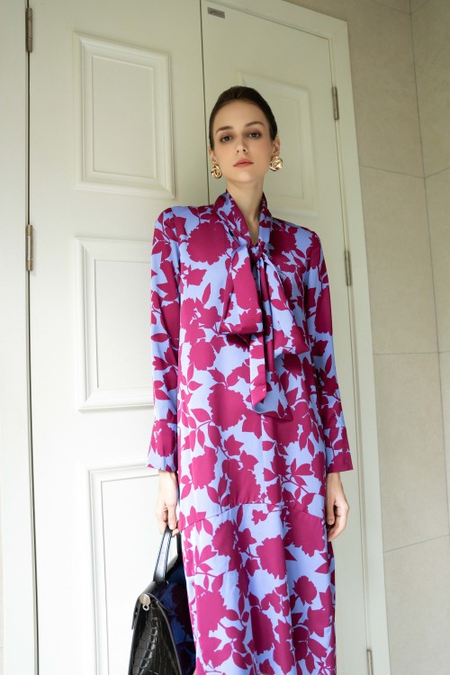 Sixdo Blue Floral Silk Loose Dress